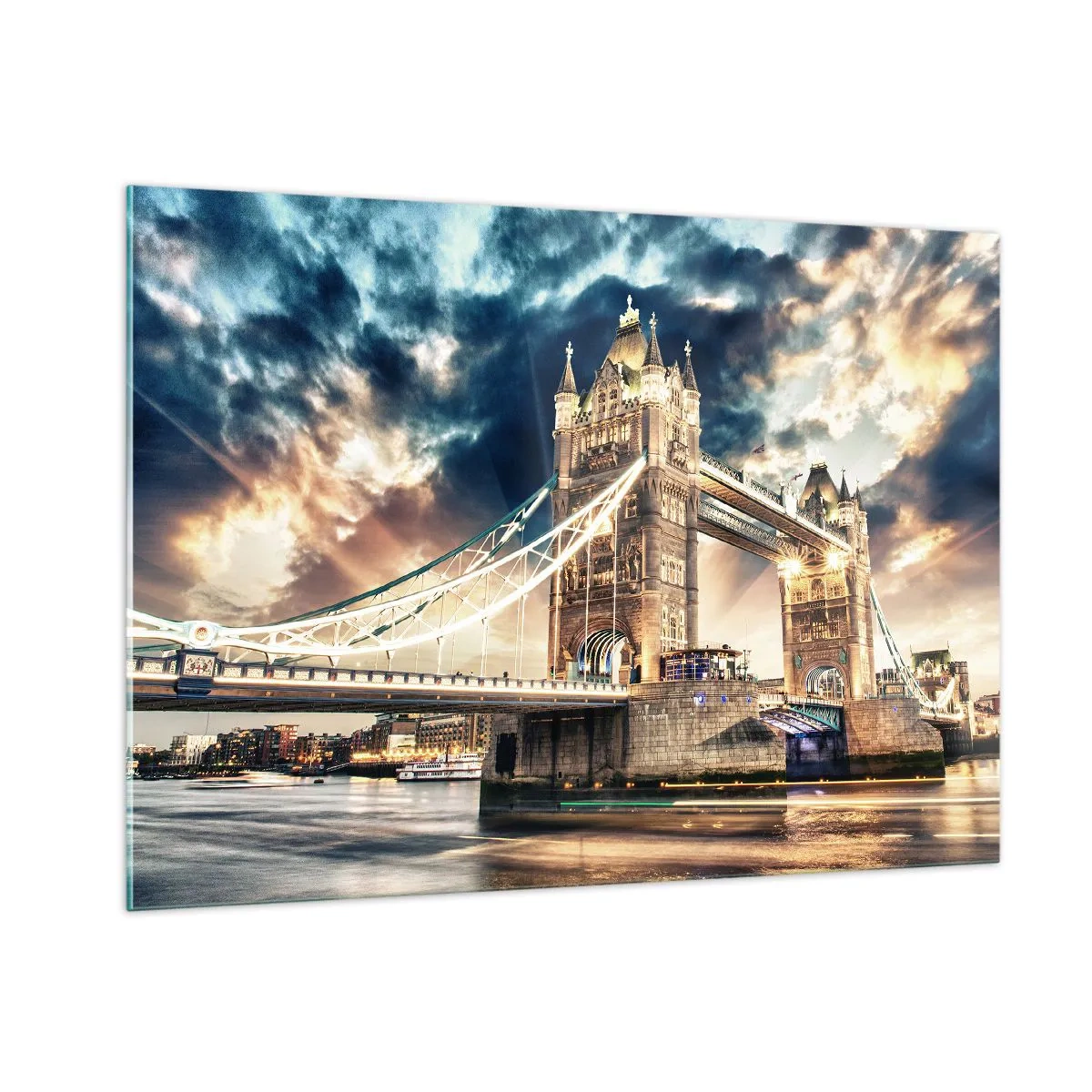 Quadro su vetro - Il Tower Bridge di Londra contro un cielo spettacolare - 100x70cm - Il monumento dell'impero britannico - Decorazione murale moderna per soggiorno e camera da letto ARTTOR