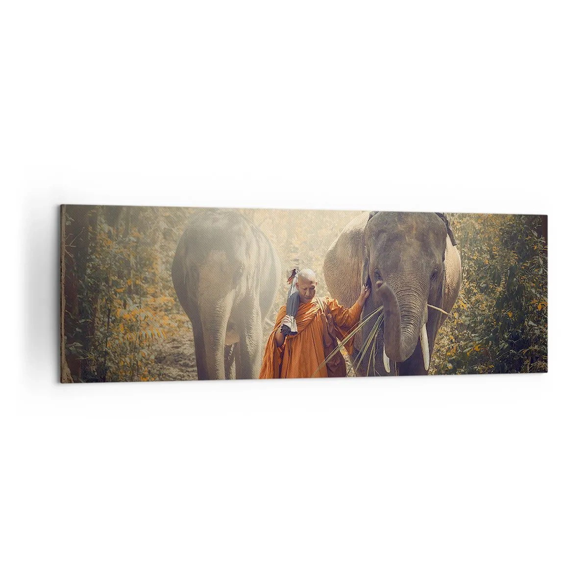 Quadro su tela - Stampe su Tela - Un monaco con una tunica arancione guida un elefante nella foresta. - 160x50cm - Comprensione perfetta - Decorazione murale moderna per soggiorno e camera da letto ARTTOR