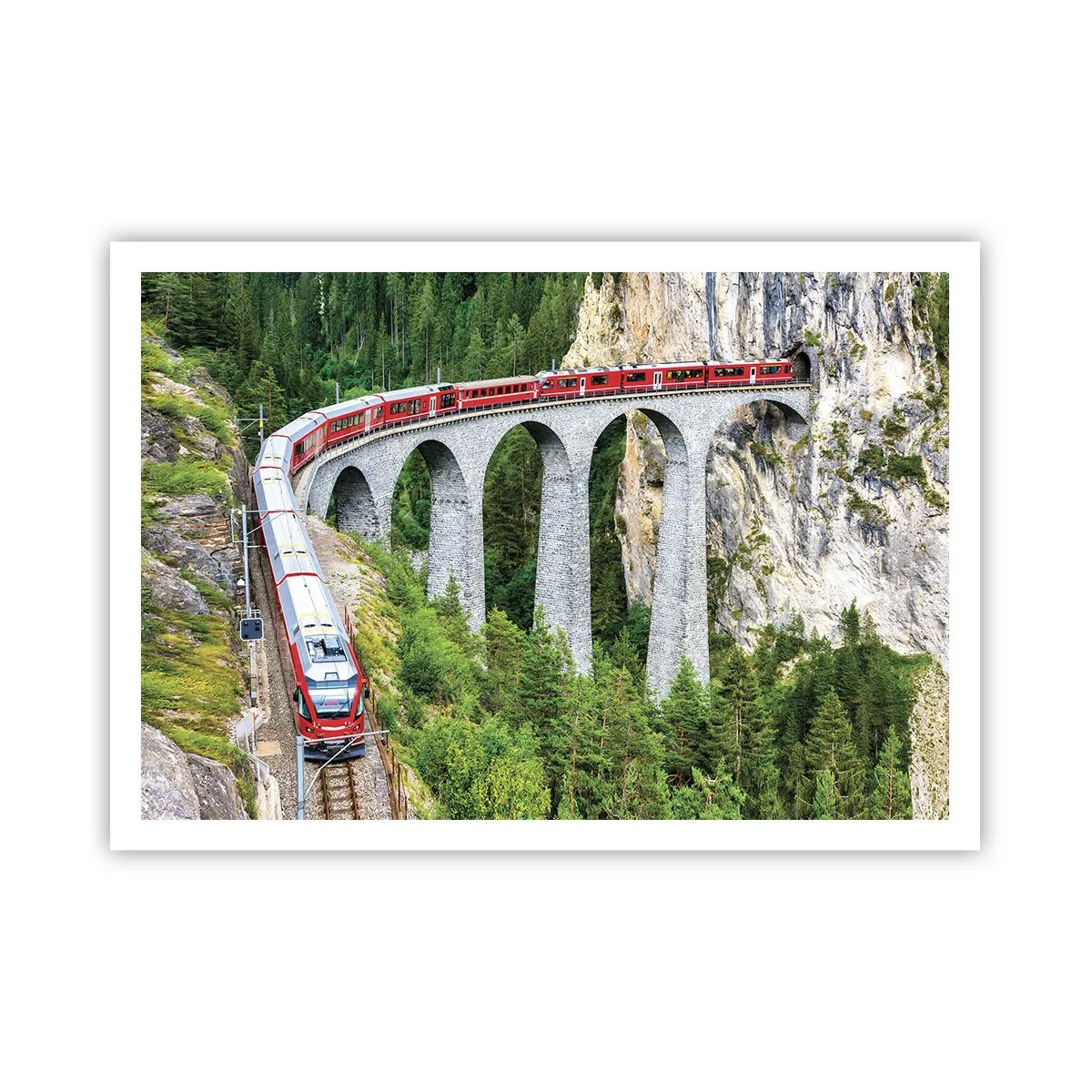Poster - Un treno su un pittoresco viadotto in un paesaggio montuoso - 100x70cm - Il treno tra i monti - Decorazione murale moderna per soggiorno e camera da letto ARTTOR
