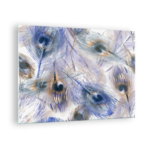 Quadro su vetro - Delicate piume di pavone nelle tonalità del blu e del marrone - 70x50cm - Composizione a occhio di pavone - Decorazione murale moderna per soggiorno e camera da letto ARTTOR