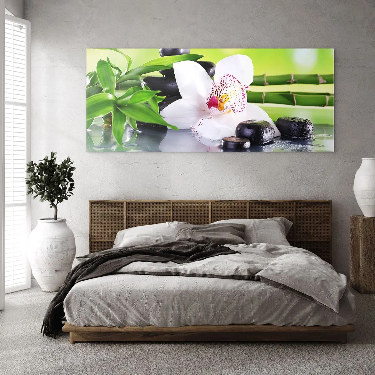 Quadro su vetro - Orchidea, pietre e bambù in un'armoniosa composizione spa - 160x50cm - Freschezza rinfrescante - Decorazione murale moderna per soggiorno e camera da letto ARTTOR