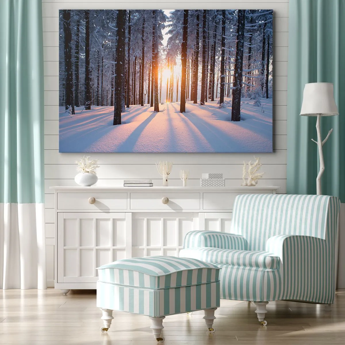 Quadro su tela - Stampe su Tela - Foresta invernale illuminata dai raggi del sole - 70x50cm - Decisamente nero su bianco - Decorazione murale moderna per soggiorno e camera da letto ARTTOR