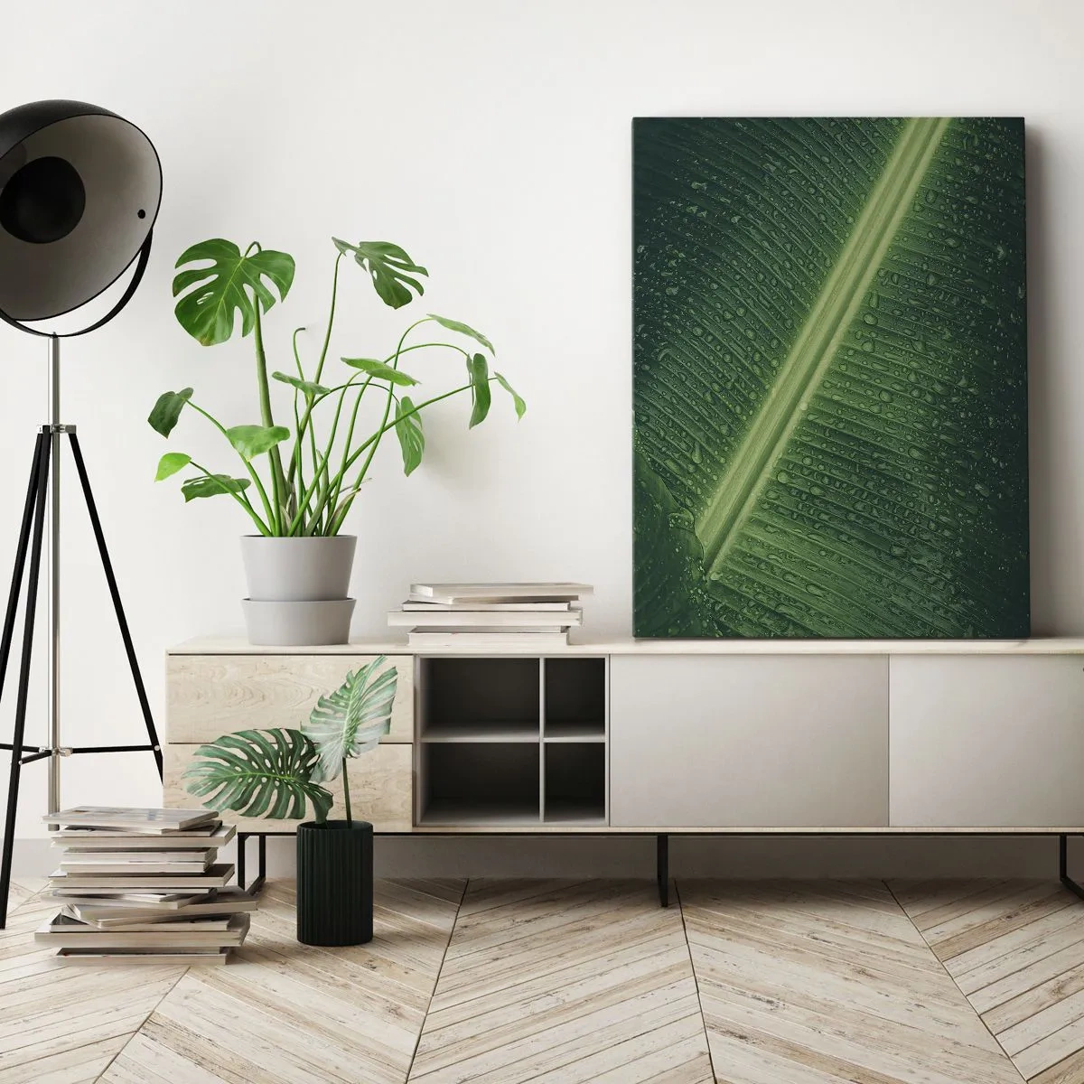 Quadro su tela - Stampe su Tela - Una foglia verde con gocce d'acqua sulla sua superficie - 70x100cm - La struttura del verde - Decorazione murale moderna per soggiorno e camera da letto ARTTOR