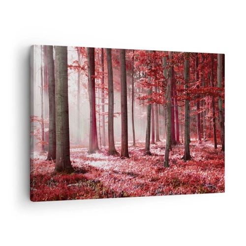 Quadro su tela - Stampe su Tela - Una splendida foresta dalle tonalità rosse con raggi di luce che penetrano attraverso gli alberi - 70x50cm - Anche rosso è bello - Decorazione murale moderna per soggiorno e camera da letto ARTTOR