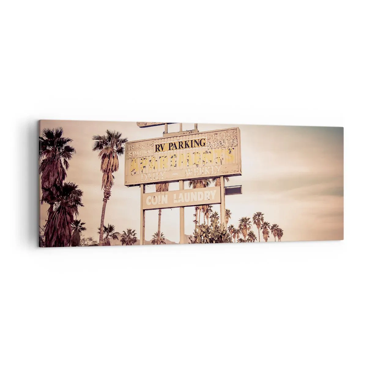 Quadro su tela - Stampe su Tela - Insegna retrò di un motel circondata da palme - 140x50cm - Qui il tempo si è fermato - Decorazione murale moderna per soggiorno e camera da letto ARTTOR