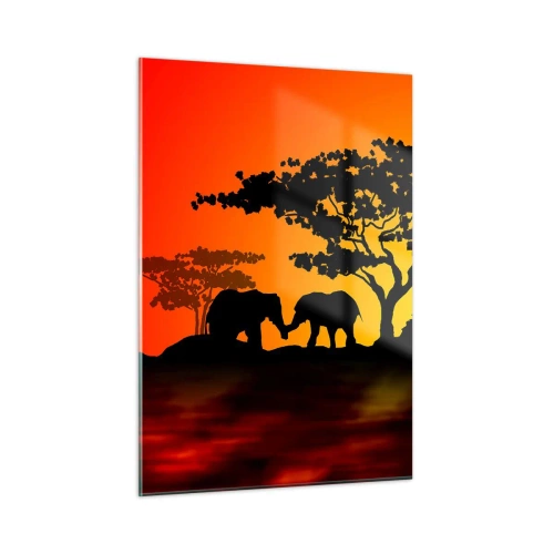 Quadro su vetro - Paesaggio africano con alberi e animali al tramonto - 50x70cm - Incontro nella savana - Decorazione murale moderna per soggiorno e camera da letto ARTTOR