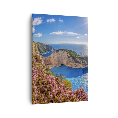 Quadro su tela - Stampe su Tela - Una scogliera con fiori, un mare turchese e un soleggiato paesaggio greco - 70x100cm - Le mie grosse vacanze greche - Decorazione murale moderna per soggiorno e camera da letto ARTTOR