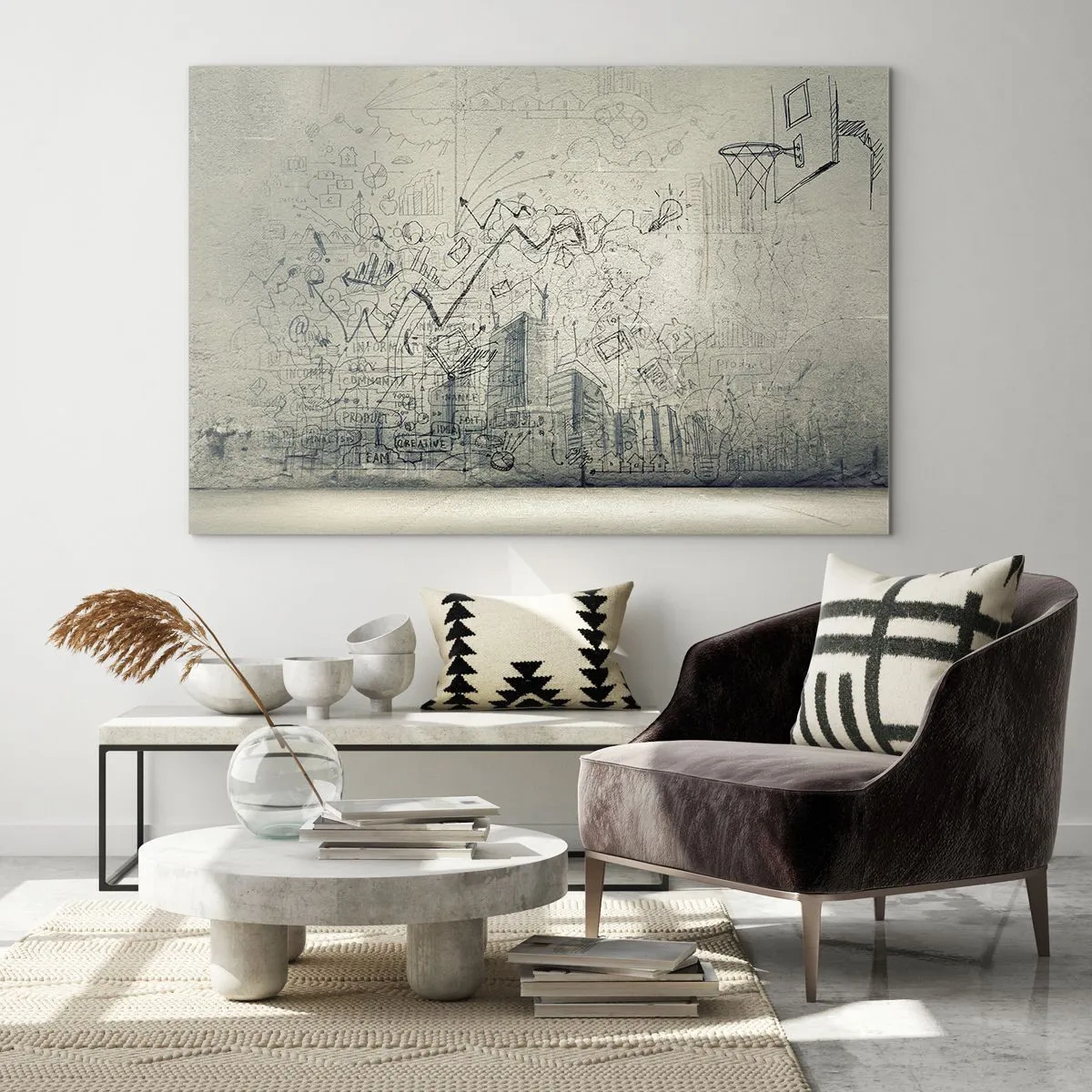 Quadro su vetro - Schizzo grafico con elementi aziendali e creativi - 70x50cm - La mia fantastica vita in città - Decorazione murale moderna per soggiorno e camera da letto ARTTOR