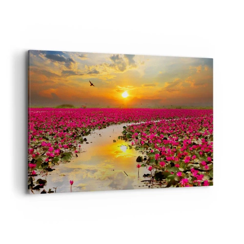 Quadro su tela - Stampe su Tela - Un campo di ninfee rosa al tramonto - 100x70cm - La vita segreta del lago - Decorazione murale moderna per soggiorno e camera da letto ARTTOR