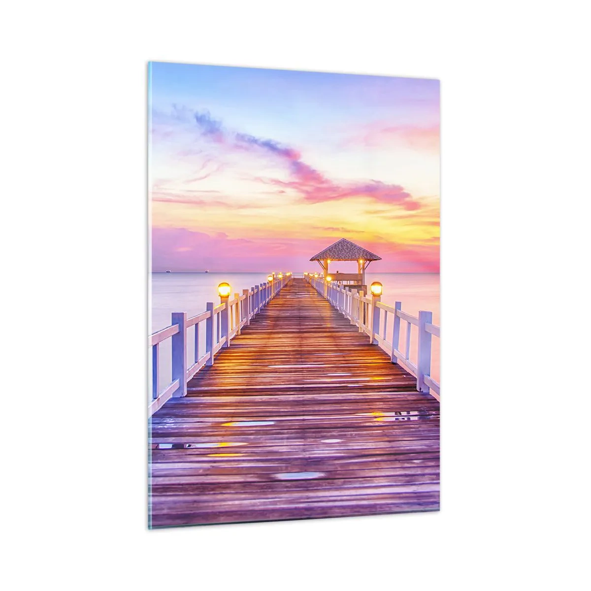 Quadro su vetro - Molo di legno al tramonto su un mare calmo - 50x70cm - Silenzio della sera in lilla e oro - Decorazione murale moderna per soggiorno e camera da letto ARTTOR