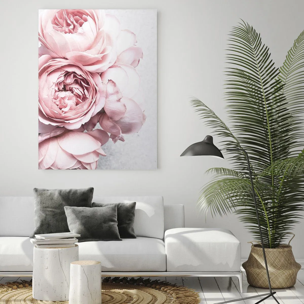 Quadro su vetro - Peonie rosa in luce soffusa su uno sfondo chiaro - 70x100cm - Per i romantici - Decorazione murale moderna per soggiorno e camera da letto ARTTOR
