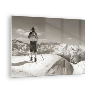 Quadro su vetro - Sciatore sulla cima di una montagna in bianco e nero - 70x50cm - E i monti sono immutabili - Decorazione murale moderna per soggiorno e camera da letto ARTTOR