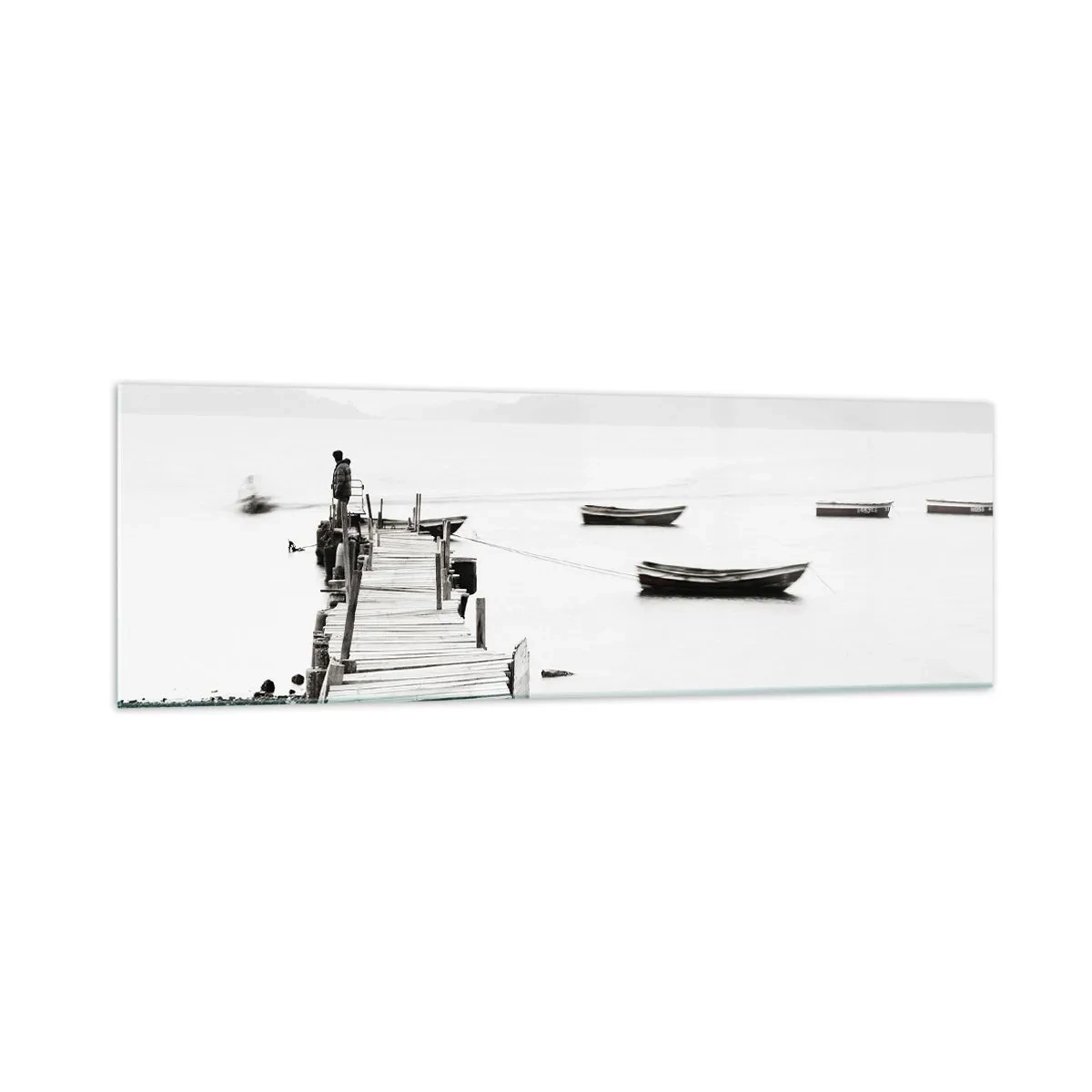 Quadro su vetro - Molo di legno e barche in acque calme - 160x50cm - Sull'acqua silenziosa e pura - Decorazione murale moderna per soggiorno e camera da letto ARTTOR