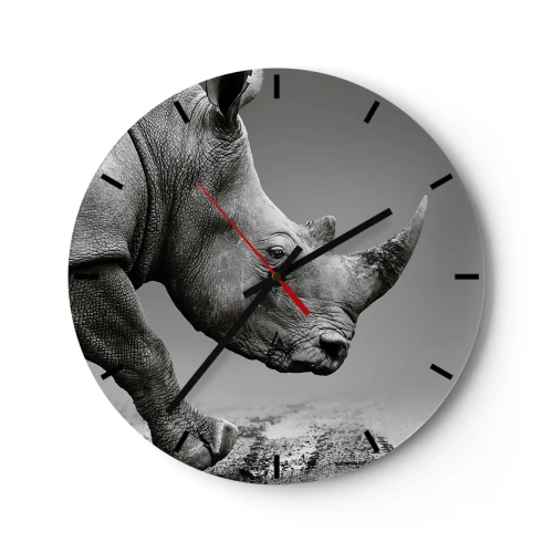 Orologio da parete - Orologio in Vetro - Un rinoceronte in stile bianco e nero su uno sfondo neutro - 30x30cm - Forza irrefrenabile - Decorazione murale moderna per soggiorno, cucina e camera da letto ARTTOR