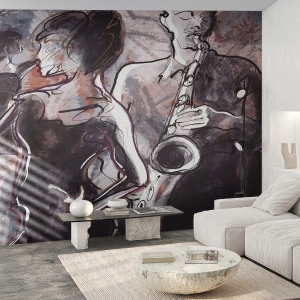Fotomurali Premium Canvas - Scena jazz astratta con un sassofonista e una donna che balla. - 100x70cm - Sciogliersi nella musica - Decorazione murale moderna per soggiorno e camera da letto ARTTOR
