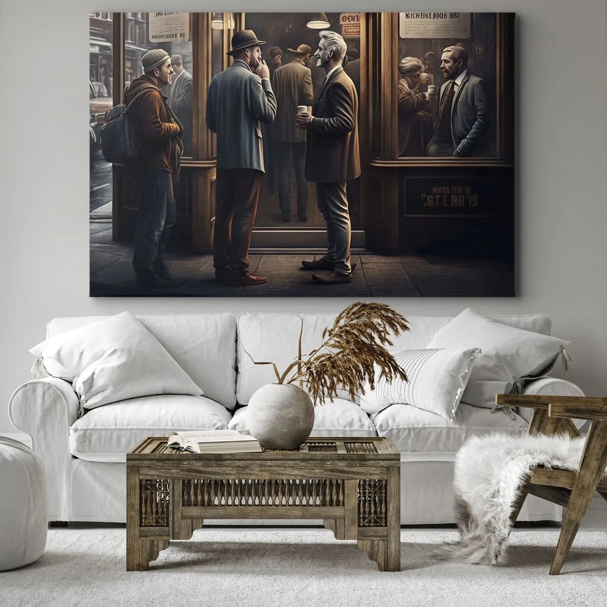 Quadro su tela - Stampe su Tela - Scena di strada con persone davanti a un caffè retrò - 100x70cm - Il buon momento della giornata - Decorazione murale moderna per soggiorno e camera da letto ARTTOR