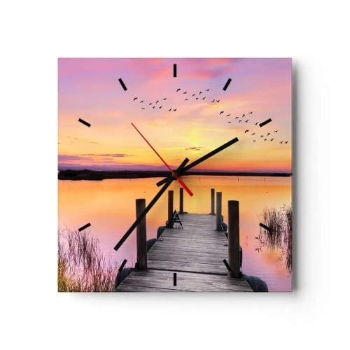 Orologio da parete - Orologio in Vetro - Un molo su un lago al tramonto con uccelli nel cielo - 30x30cm - Alba viola e silenziosa - Decorazione murale moderna per soggiorno e camera da letto ARTTOR