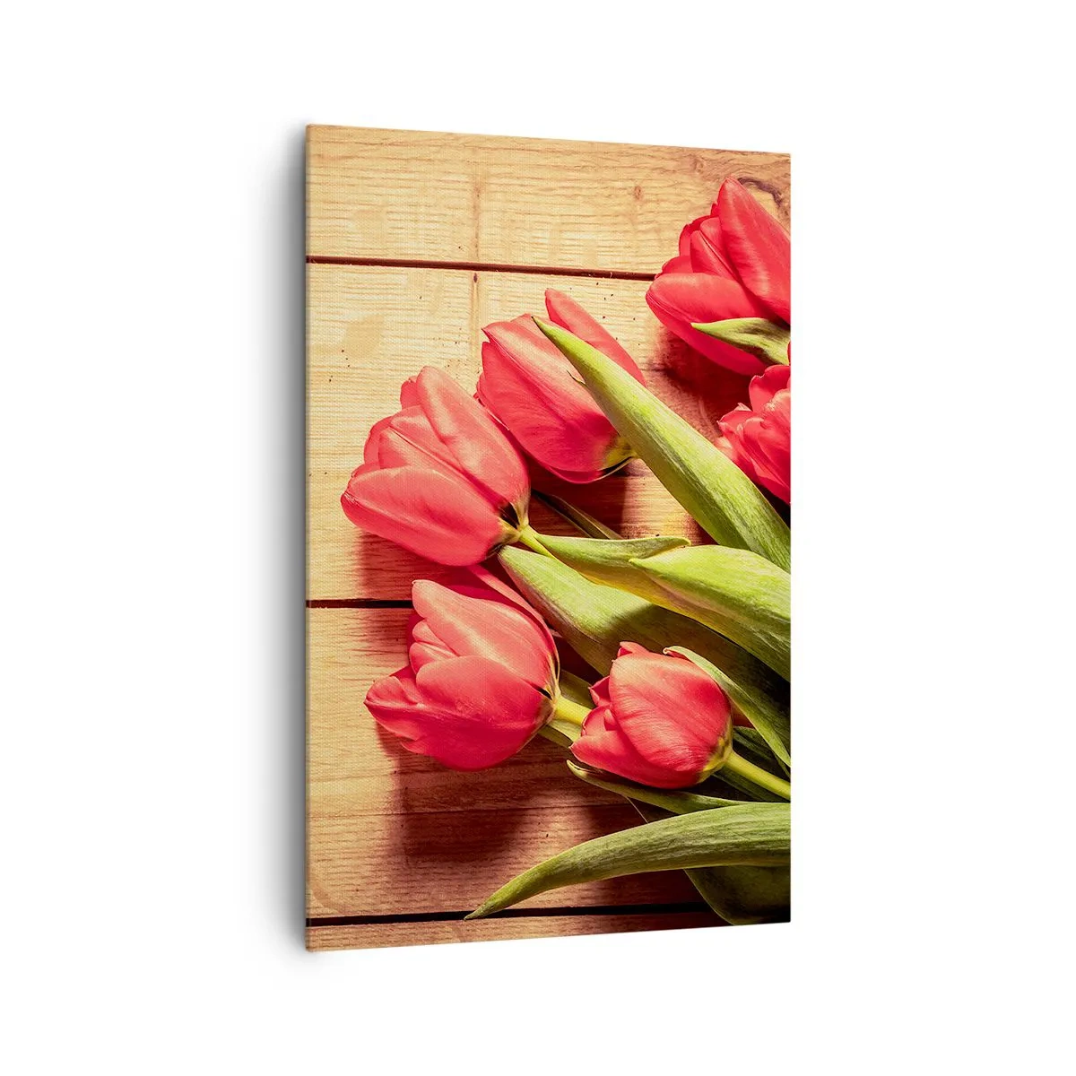 Quadro su tela - Stampe su Tela - Un mazzo di tulipani rosa su uno sfondo di legno - 80x120cm - Confessione primaverile - Decorazione murale moderna per soggiorno e camera da letto ARTTOR