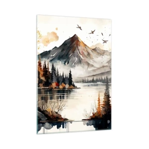 Quadro su vetro - Paesaggio montano autunnale con lago e foresta - 50x70cm - L'autunno dorato sui monti - Decorazione murale moderna per soggiorno e camera da letto ARTTOR