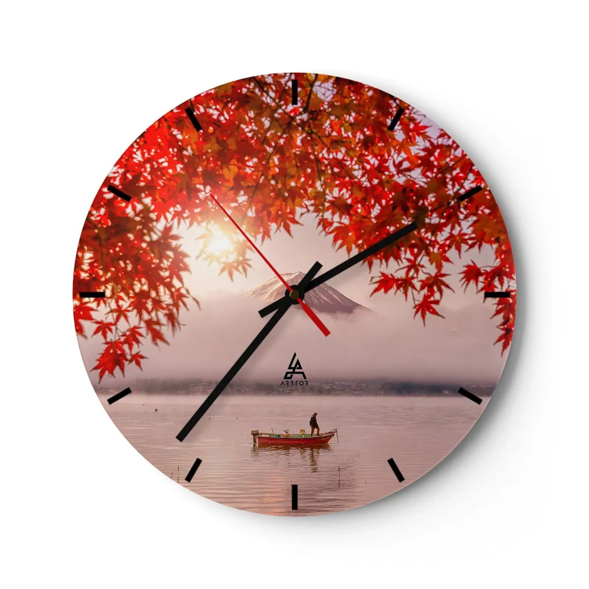 Orologio da parete - Orologio in Vetro - Foglie autunnali con il Monte Fuji sullo sfondo e una barca su un lago - 30x30cm - Nell'atmosfera del Giappone - Decorazione murale moderna per soggiorno, cucina e camera da letto ARTTOR