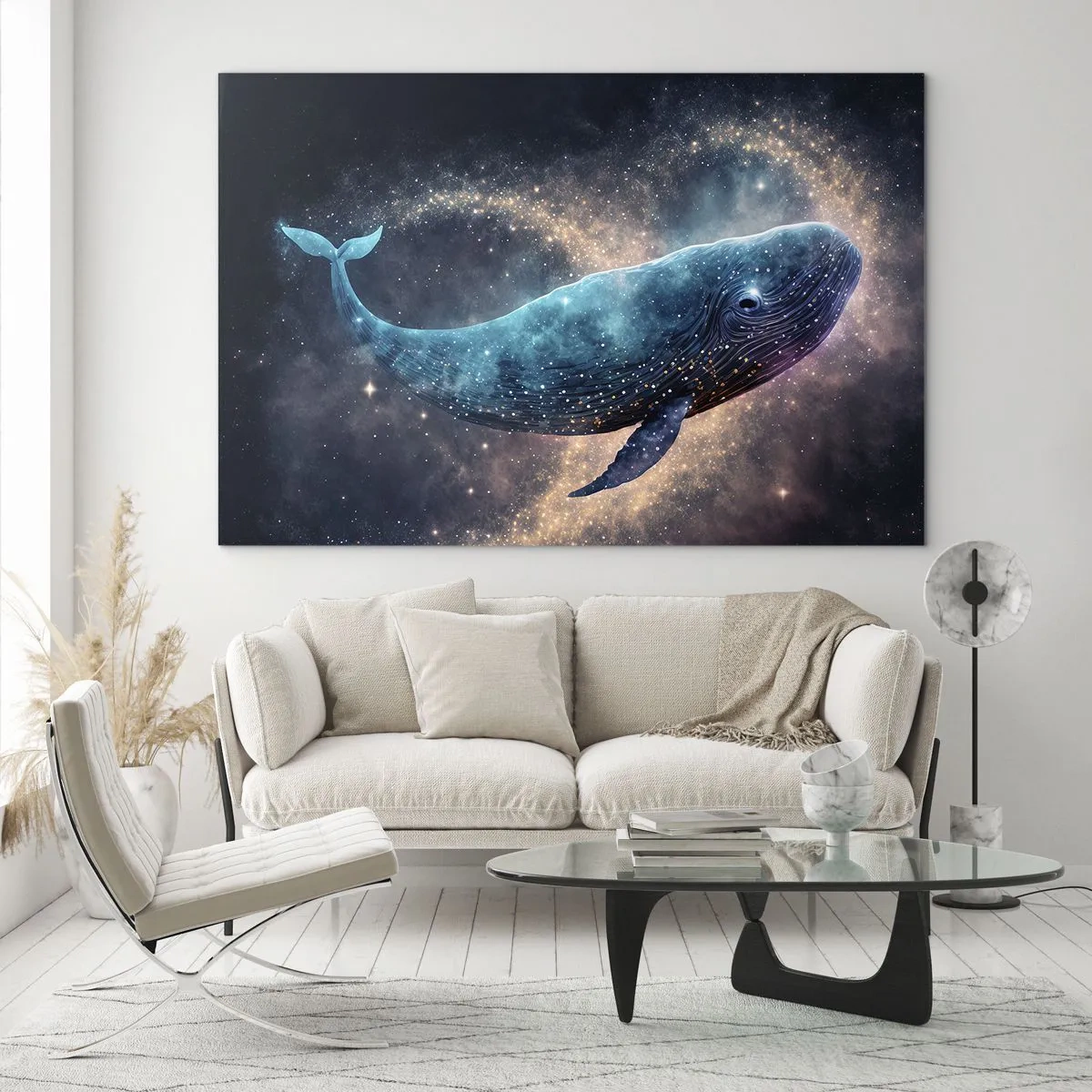 Quadro su vetro - Balenottera azzurra che fluttua nella galassia - 70x50cm - Esiste un mondo... - Decorazione murale moderna per soggiorno e camera da letto ARTTOR
