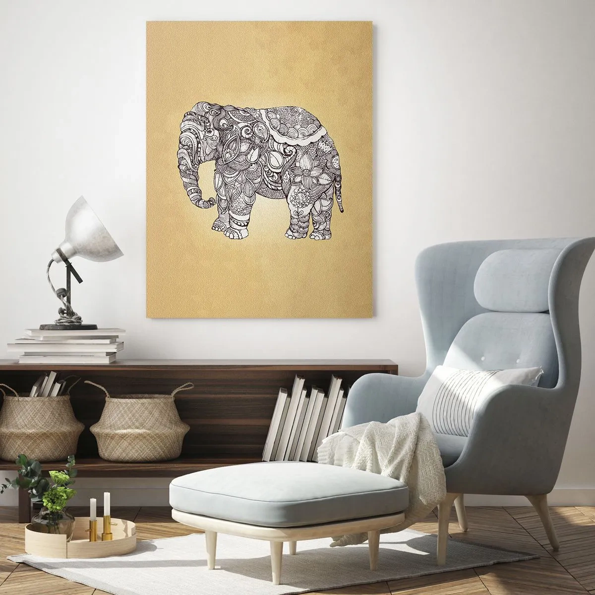 Quadro su vetro - Elefante bianco e nero con motivi orientali su sfondo beige - 50x70cm - L'elefante nascosto - Decorazione murale moderna per soggiorno e camera da letto ARTTOR
