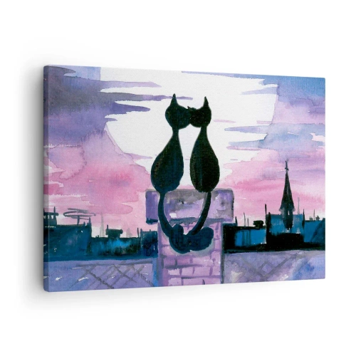 Quadro su tela - Stampe su Tela - Gatti neri su un tetto al chiaro di luna in un ambiente acquerello - 70x50cm - Appuntamento sotto la luna - Decorazione murale moderna per soggiorno e camera da letto ARTTOR