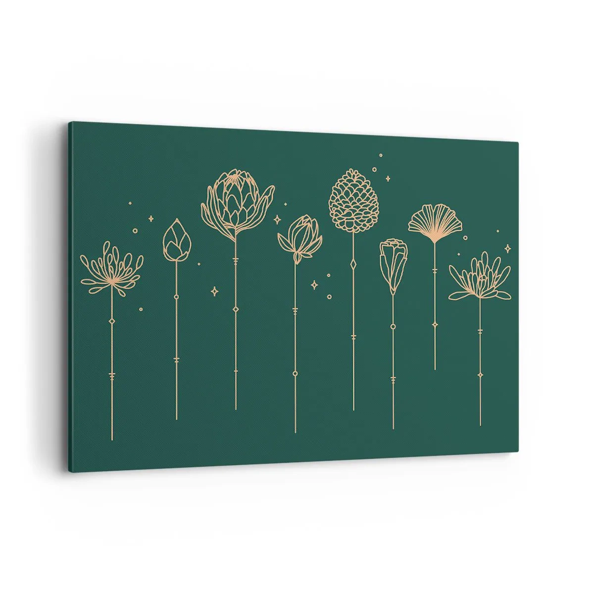 Quadro su tela - Stampe su Tela - Disegni dorati di erbe su sfondo verde scuro - 100x70cm - La famiglia delle erbe - Decorazione murale moderna per soggiorno e camera da letto ARTTOR