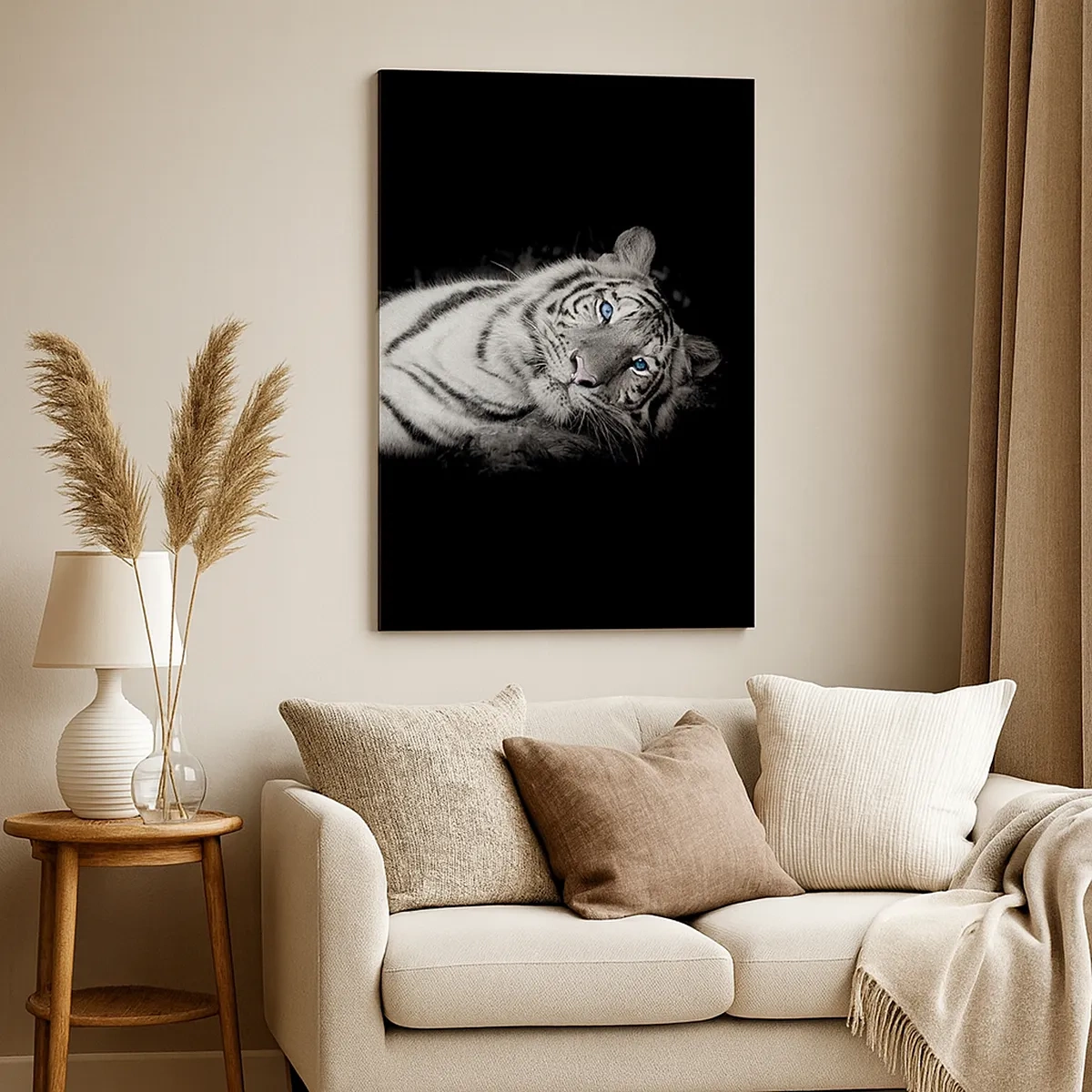 Quadro su tela - Stampe su Tela - Una tigre bianca artisticamente raffigurata su uno sfondo nero - 50x70cm - Selvaggità e pace - Decorazione murale moderna per soggiorno e camera da letto ARTTOR