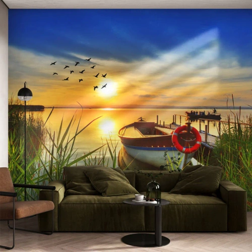 Fotomurali Autoadesivo Deluxe Sticker - I cormorano volano già via - Paesaggio, Lago, Tramonto - 100x70 cm