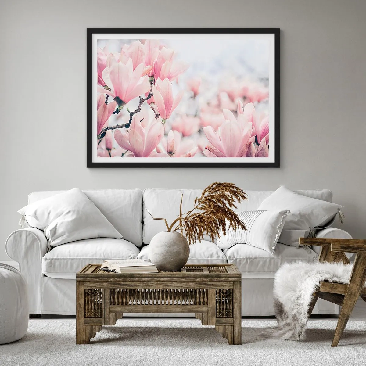 Poster in cornice nera - Delicati fiori di magnolia in delicate tonalità rosa - 70x50cm - Ideale di delicatezza - Decorazione murale moderna per soggiorno e camera da letto ARTTOR