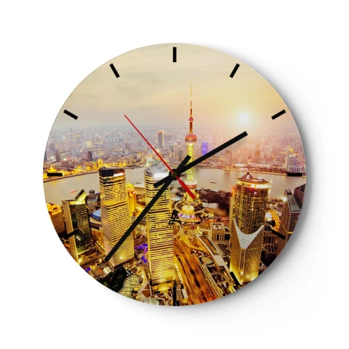 Orologio da parete - Orologio in Vetro - Panorama della città al tramonto con grattacieli e fiume - 30x30cm - Sogno asiatico - Decorazione murale moderna per soggiorno, cucina e camera da letto ARTTOR