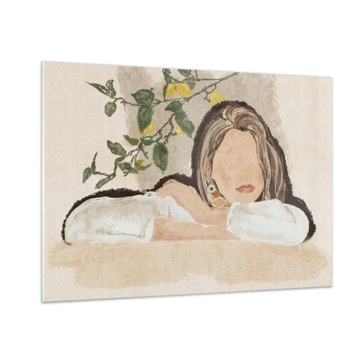 Quadro su vetro - Una donna appoggiata a un tavolo tra i rami di un albero di limone, il suo viso è senza tratti somatici. - 100x70cm - Bellezza del sud - Decorazione murale moderna per soggiorno e camera da letto ARTTOR