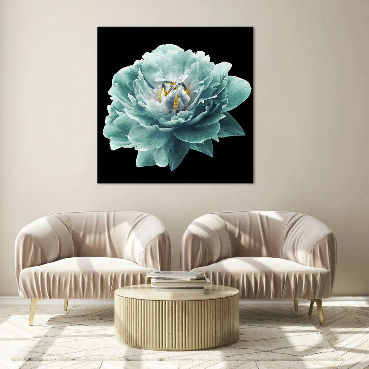 Quadro su vetro - Petali blu e oro - 30x30 cm