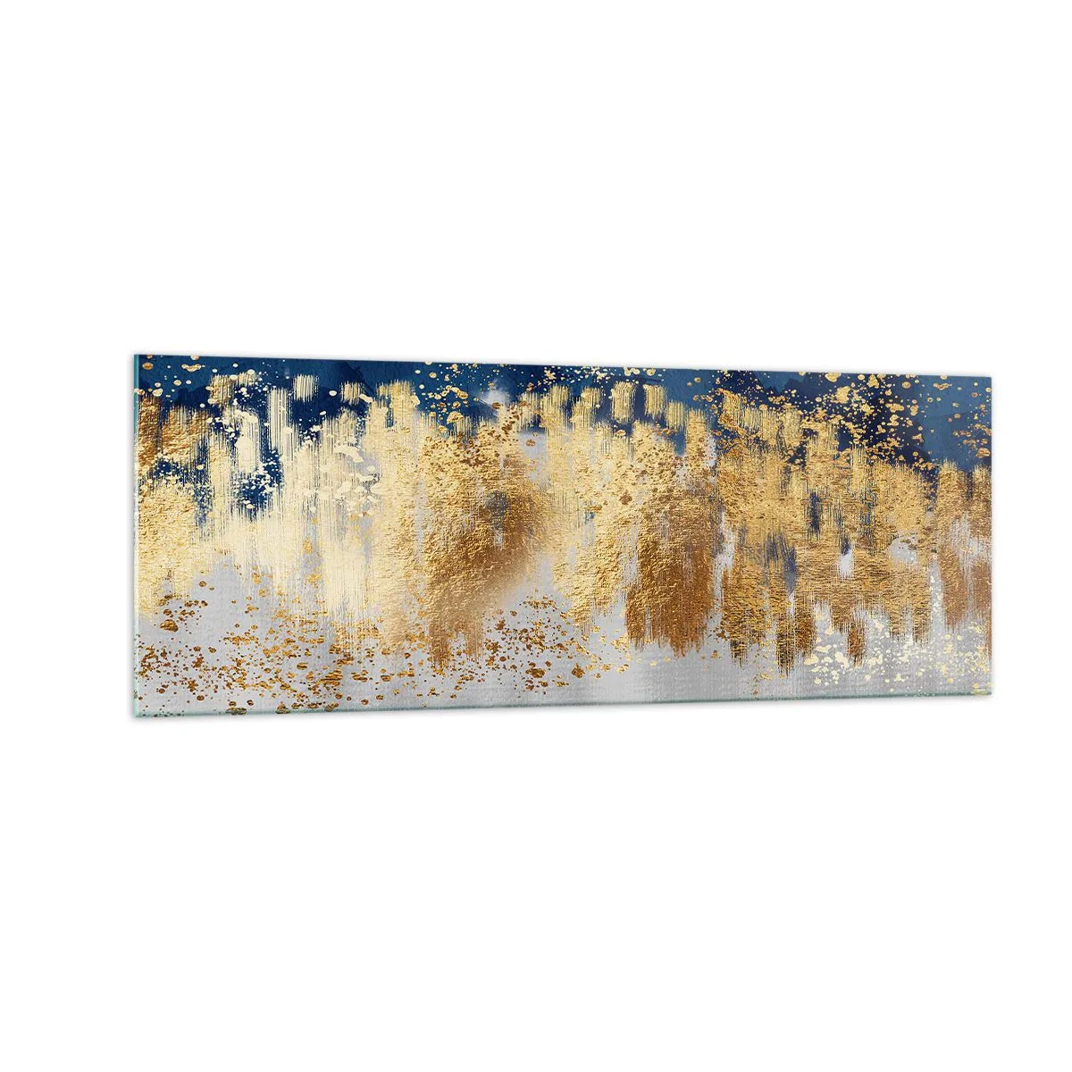 Quadro su vetro - Una composizione astratta nei toni dell'oro e del blu navy. - 140x50cm - Composizione moderna con bagliore - Decorazione murale moderna per soggiorno e camera da letto ARTTOR