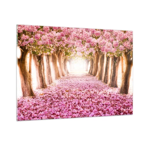 Quadro su vetro - Un viale di alberi in fiore con petali rosa sul terreno - 100x70cm - La strada verso il paradiso - Decorazione murale moderna per soggiorno e camera da letto ARTTOR