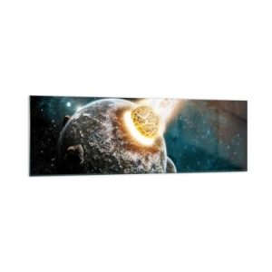 Quadro su vetro - Collisione cosmica di un pianeta con un asteroide nelle vicinanze della galassia. - 160x50cm - Estinzione o nascita? - Decorazione murale moderna per soggiorno e camera da letto ARTTOR