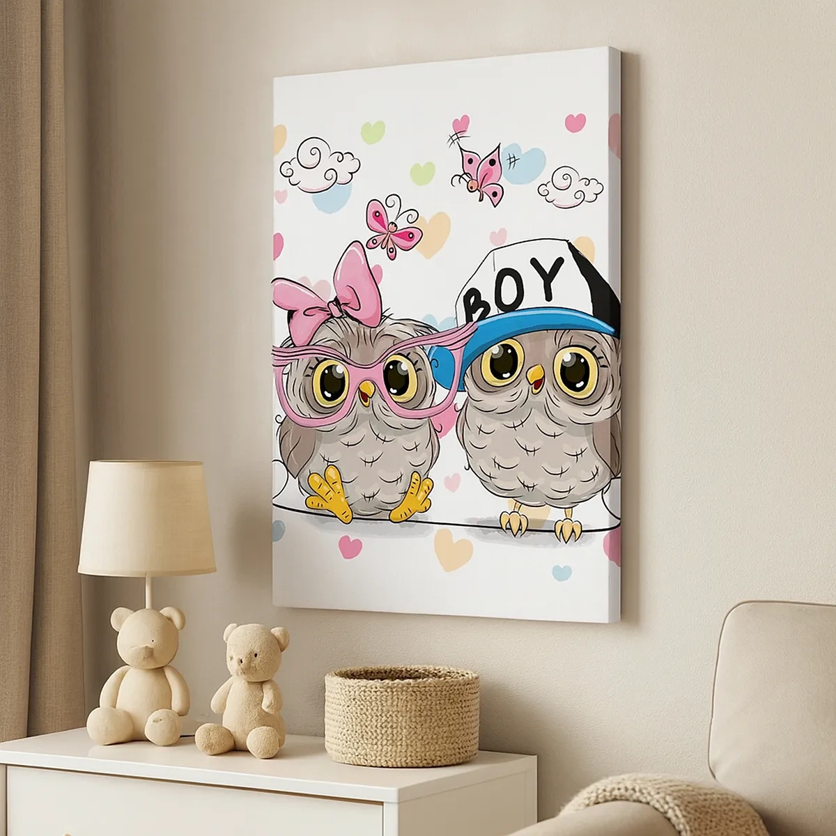 Quadro su tela - Stampe su Tela - Due adorabili gufi circondati da cuori - 50x70cm - Amiamoci! - Decorazione murale moderna per soggiorno e camera da letto ARTTOR