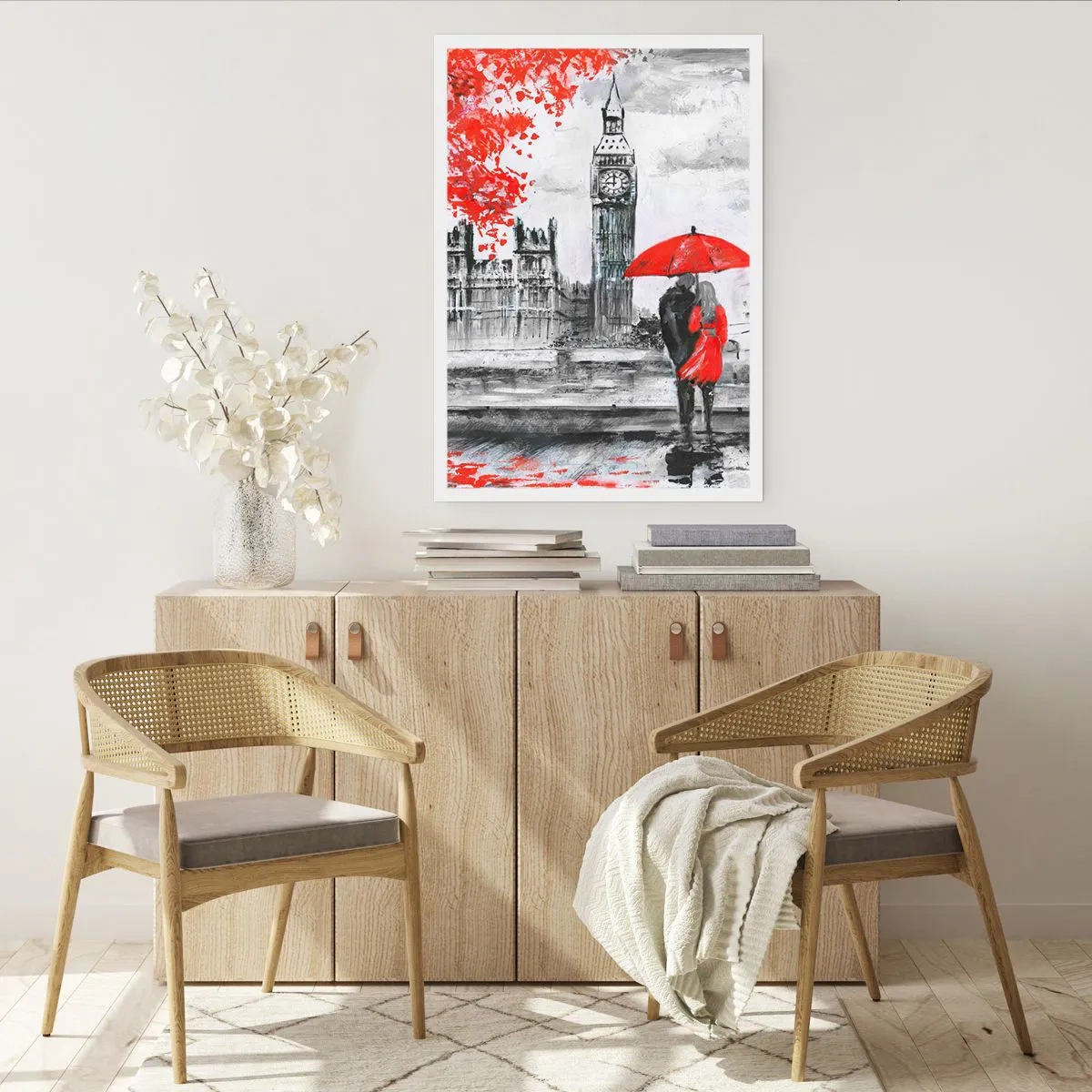 Poster - Una figura con un ombrello rosso davanti al Big Ben a Londra - 50x70cm - Innamorati a Londra - Decorazione murale moderna per soggiorno e camera da letto ARTTOR