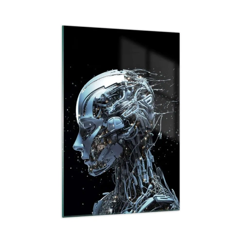 Quadro su vetro - Ritratto futuristico di un cyborg in stile industriale su sfondo nero. - 70x100cm - La tecnologia è donna - Decorazione murale moderna per soggiorno e camera da letto ARTTOR