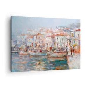 Quadro su tela - Stampe su Tela - Impressione del porto con barche ed edifici - 70x50cm - Vacanze in pastello - Decorazione murale moderna per soggiorno e camera da letto ARTTOR