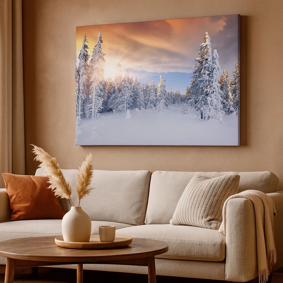 Quadro su tela - Stampe su Tela - Paesaggio invernale con foresta innevata al tramonto - 70x50cm - Spettacolo innevato della natura - Decorazione murale moderna per soggiorno e camera da letto ARTTOR