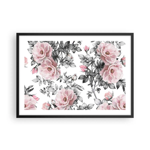 Poster in cornice nera - Rose rosa e foglie su un delicato sfondo bianco e nero - 70x50cm - Perdersi tra le rose - Decorazione murale moderna per soggiorno e camera da letto ARTTOR