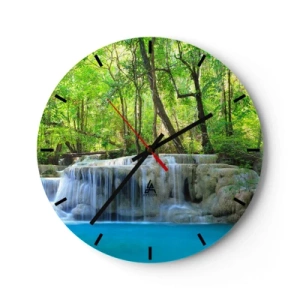 Orologio da parete - Orologio in Vetro - Una cascata circondata da una foresta verde e acqua turchese - 30x30cm - Annegare nel turchese e nel verde - Decorazione murale moderna per soggiorno, cucina e camera da letto ARTTOR