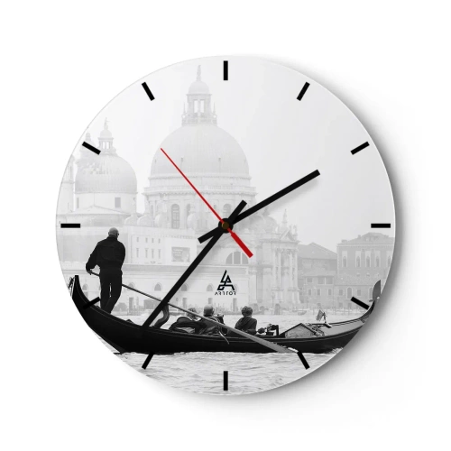 Orologio da parete - Orologio in Vetro - Una gondola con un gondoliere di fronte al Duomo di Venezia in bianco e nero. - 30x30cm - Viaggio alla fonte della bellezza - Decorazione murale moderna per soggiorno, cucina e camera da letto ARTTOR