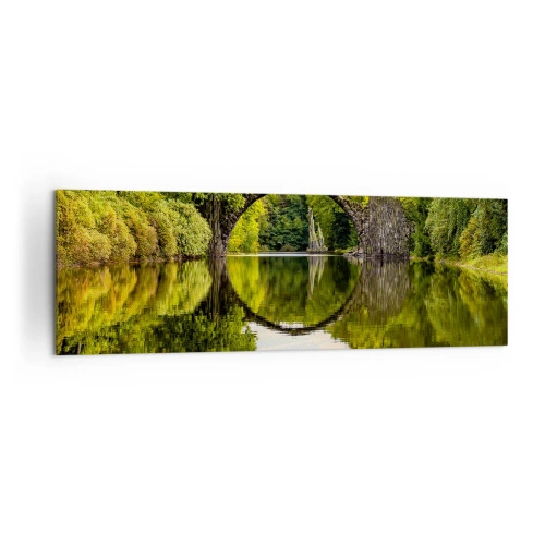 Quadro su tela - Stampe su Tela - Un ponte di pietra sopra un fiume con un riflesso perfetto nell'acqua - 160x50cm - All'incontro di due mondi - Decorazione murale moderna per soggiorno e camera da letto ARTTOR