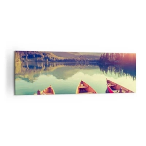 Quadro su tela - Stampe su Tela - Barche su un lago calmo circondato da montagne al tramonto - 160x50cm - Vivere secondo le sue leggi - Decorazione murale moderna per soggiorno e camera da letto ARTTOR