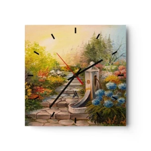 Orologio da parete - Orologio in Vetro - Un giardino pittoresco con una fontana e fiori colorati - 30x30cm - In piena fioritura - Decorazione murale moderna per soggiorno e camera da letto ARTTOR