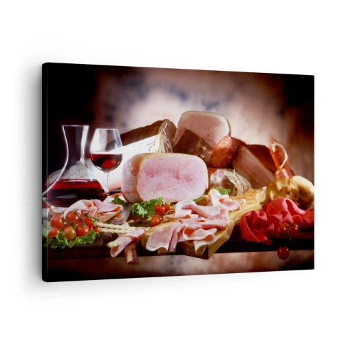 Quadro su tela - Stampe su Tela - Affettati con vino su sfondo rustico - 70x50cm - Sogno culinario con caraffa - Decorazione murale moderna per soggiorno e camera da letto ARTTOR