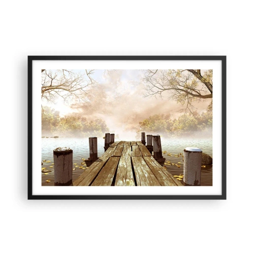 Poster in cornice nera - Un molo di legno che conduce a un lago calmo nella nebbia mattutina - 70x50cm - La mite melanconia autunnale - Decorazione murale moderna per soggiorno e camera da letto ARTTOR